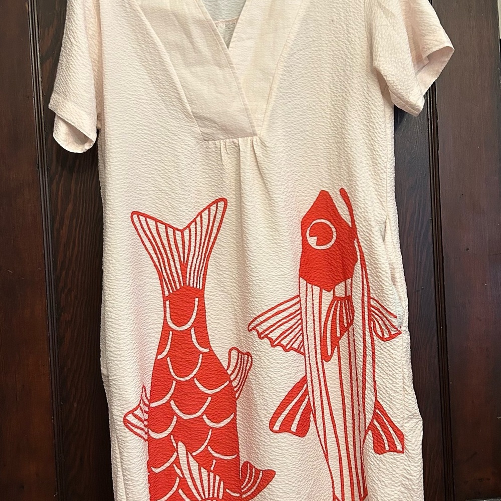 Cream Dress with Bold Red Fish Print